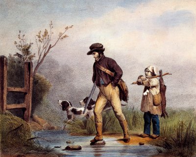 W przejściu myśliwi przechodzą pieszo przez ciek wodny. Litografia Gien z XIX wieku, muzeum łowieckie autorstwa Unknown artist