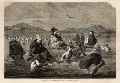 Przejazd z przewodnikiem, z przedstawieniem sposobów przewożenia pasażerów i bagażu. Grawer ilustrujący wyprawę do Japonii w latach 1863-1864 Aime Humberta, ministra Konfederacji Szwajcarskiej, w „Le tour du monde, nouveau journal des voyages”” autorstwa Unknown artist