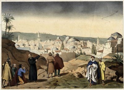 Peleryny przybywają do Jerozolimy. Anonimowy rycina z połowy XIX wieku - w „Wielkim Katechizmie Rodzin”. autorstwa Unknown artist