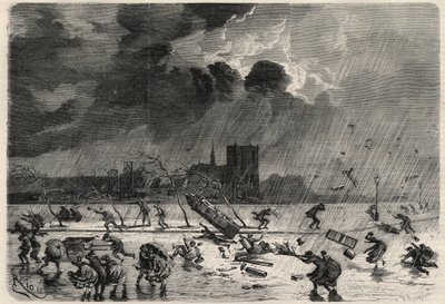Molo na rogu mostu Świętego Michała (Saint-Michel) w Paryżu podczas huraganu 8 marca. Grawerowanie w „Prześwietnym Wszechświecie” autorstwa Unknown artist