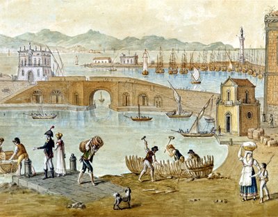 Port w Neapolu i Santa Lucia około 1800 r.: podróżnicy przygotowują się do wyjazdu, a stolarze budują łódź. Akwarela. autorstwa Unknown artist