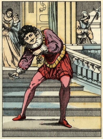 Książę podnosi szklany but przy Kopciuszku. Ilustracja do bajki Charlesa Perraulta „Kopciuszek lub La petite slipper de verre” autorstwa Unknown artist