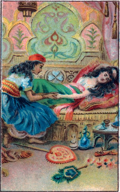 Fakty o księżniczce. Opowieść „”Historia o zaczarowanym koniu”” w „Tysiąc i jednej nocy” (1001 nocy lub Le mille e una notte, Arabian Nights). Chromolitografia z końca XIX wieku. autorstwa Unknown artist