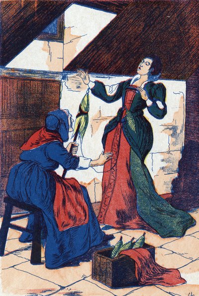 Księżniczka przebija rękę i zasypia. Anonimowa ilustracja do „La belle au bois dormant”, opowiadania Charlesa Perraulta (1628-1703), francuskiego pisarza. Zdjęcia Marcel Vagne, Jarville Nancy, bez daty (koniec XIX wieku). autorstwa Unknown artist