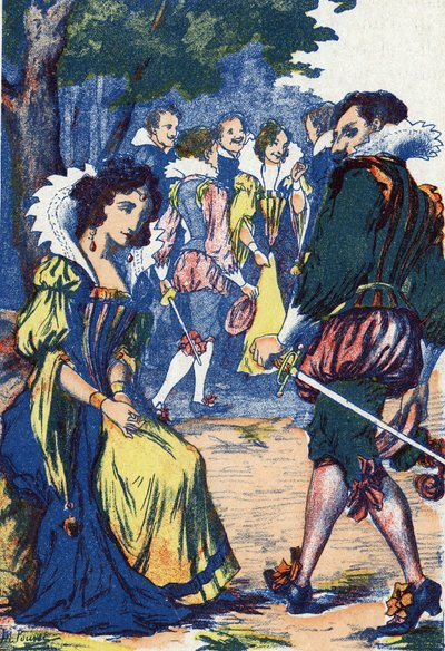 Głupota księżniczki odstraszyła dworzan. Anonimowa ilustracja do „Riquet à la houppe”, opowiadania Charlesa Perraulta (1628-1703), francuskiego pisarza. Zdjęcia Marcel Vagne, Jarville Nancy, bez daty (koniec XIX wieku). autorstwa Unknown artist
