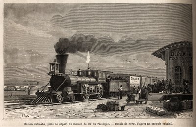 Kolej ma stację Omaha (Nebraska), początek linii prowadzących na Pacyfik. Rycina dla ilustracji podróży na daleki zachód Ameryki, autorstwa M. L. Simonina, w 1867 r., opublikowana w „Le tour du monde, nouveau journal des voyages””, pod redakcją autorstwa Unknown artist