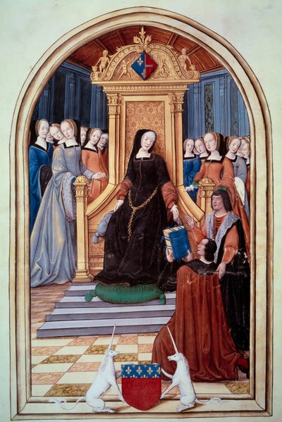 Regente Francji Louise de Savoie (1476-1531) otrzymał księgę dwóch echevin z miasta Amiens. Na pierwszym planie broń Amiens. Królewskie obrazy i pieśni Puy Jam Notre Dame d