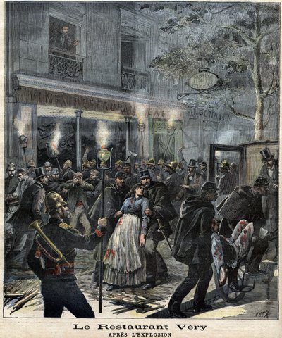 Restauracja Very (24 Boulevard Magenta w Paryżu) po eksplozji spowodowanej atakiem anarchisty Francois Koenigstein dit Ravachol (1859 - 1892) 30 marca 1892 r. W „The Petity Journal” autorstwa Unknown artist