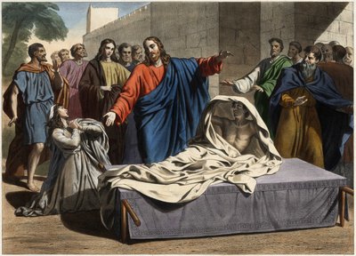 Zmartwychwstanie syna wdowy z Nain: Jezus Chrystus wskrzesza jedynego syna wdowy. Rycina z połowy XIX wieku. autorstwa Unknown artist