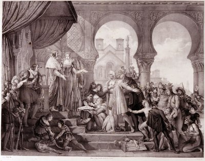 Powrót Krzysztofa Kolumba do Hiszpanii przed królem Ferdynandem II Aragońskim i Izabelą I Kastylią (zwaną katolicką) po odkryciu Ameryki. Rycina XIX wieku. autorstwa Unknown artist