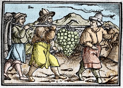 Powrót Jozuego i Kaleba z ogromną kiścią winogron z ziemi Kanaan (Ziemi Obiecanej). Kronika Johanna Stumpffa „”Den edlen strucen besten fromen”” autorstwa Unknown artist