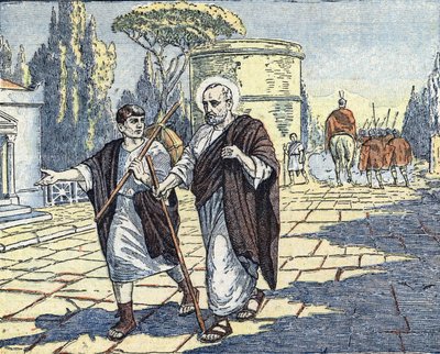 Powrót apostoła Piotra z Azji do Rzymu po śmierci cesarza Klaudiusza, na początku panowania Nerona około 54 roku (The apostle Peter returning in Rome from Asia, after the death of emperor Claudius, 54 AD) Ilustracja z "Le pe autorstwa Unknown Artist