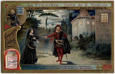 Ofiara akt IV scena 2. Ilustracja do opery „Znalezisko” (Il trovatore) Giuseppe Verdiego (1813-1901). Chromolitografia (Chromo) Liebig z końca XIX wieku. autorstwa Unknown artist