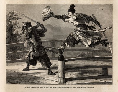 Samuraj Yashitsune w równowadze na barierze mostu atakuje samuraja w zbroi. Rycina ilustrująca podróż do Japonii w latach 1863-1864, autorstwa Aime Humberta, ministra Konfederacji Szwajcarskiej, w „Le tour du monde, nouveau journal des voyages”” autorstwa Unknown artist