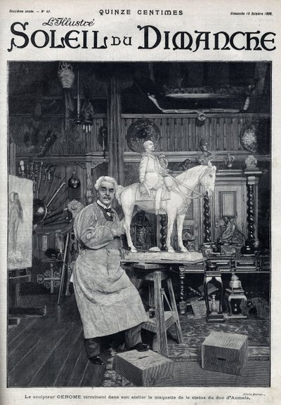 Rzeźbiarz Jean Leon (Jean-Leon) Gerome (1824-1904) kończy w swojej pracowni model posągu księcia Aumale - Grawerowanie w „Le sun-du-dimanche”, 15 października autorstwa Unknown artist