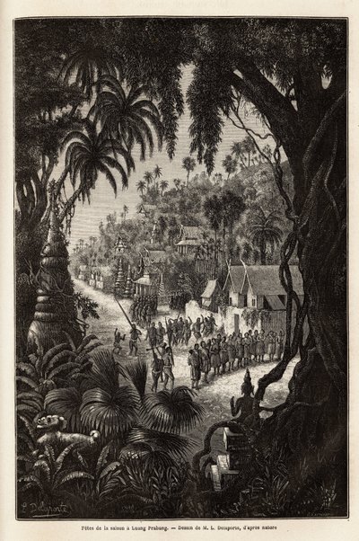 Obchody sezonu w Luang Prabang, królewskiej stolicy Lan Xang (królestwa miliona słoni) (dzisiejszy Laos), składające się z procesji mieszkańców i pagody kultu w całym mieście. Grawerowanie ilustrujące podróż odkrywczą autorstwa Unknown artist