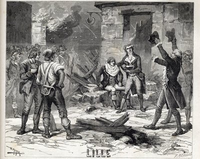 Naczynie do golenia z Lille. Odcinek z Oblężenia Lille w 1792 r. podczas francuskich wojen rewolucyjnych – Siege de Lille w 1792 r.: peruka Maes używająca roztrzaskanej bomby jako miski na brodę do ogolenia klienta – autorstwa Unknown artist