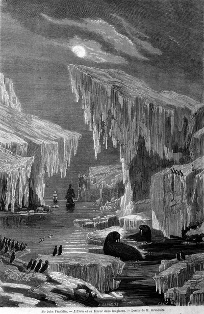 Statki „Erebus” i „Terror” podczas wyprawy prowadzonej przez Sir Johna Franklina (1786-1847) w głąb lodu. Rycina XIX wieku autorstwa Unknown artist