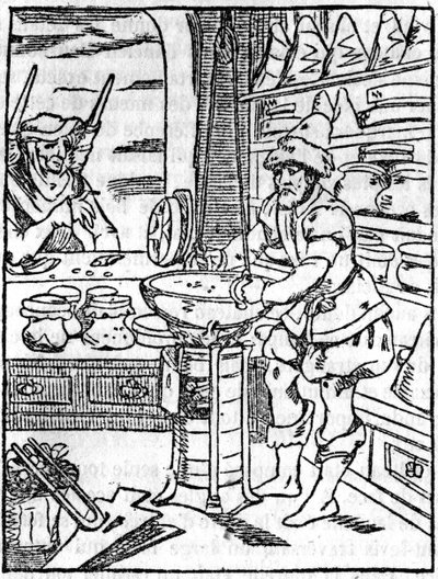 Sklep aptekarza i handlarza maściami i miksturami w XVI wieku fryzjer dba o włosy klienta - W „”Malowniczy sklep”” 1836 autorstwa Unknown artist