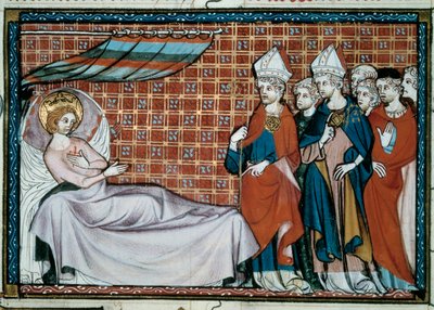 Chory król Francji Saint Louis (Ludwik IX) (1214-1270) zwraca się do swoich krewnych i duchowieństwa. Miniatura z rękopisu „Życie i cuda św. Ludwika” autorstwa Wilhelma św autorstwa Unknown artist