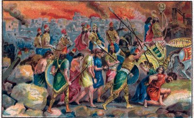 Oblężenie Jerozolimy przez króla Babilonu Nabuchodonozora II (w. 630 pne-562 pne) w 586 pne oraz zniszczenie miasta i świątyni Jerozolimy. Chromolitografia z końca XIX wieku. autorstwa Unknown artist