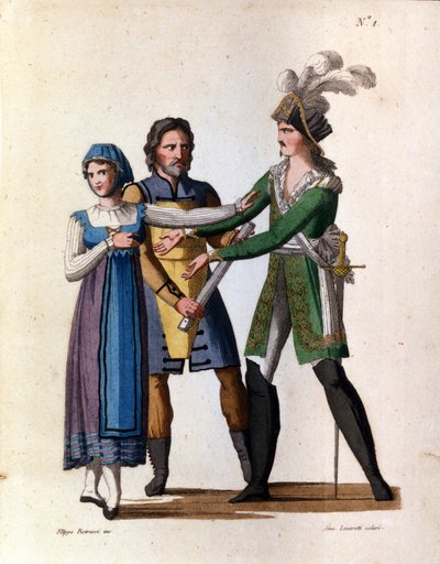 Śpiewacy Savino Monelli (Bertrando), Teresa Bellog (Isabella) i Filippo Galli (Tarabotto) w półpoważnej operze „L