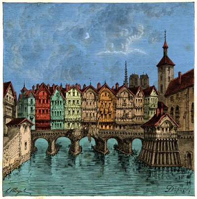 Mały most, który później był Pont au Change w Paryżu w średniowieczu, rycina XIX wiek autorstwa Unknown artist
