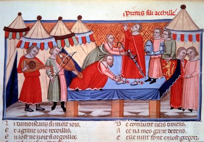 Zmiękczenie Pyrrusa, syna Achillesa. Miniatura zaczerpnięta z „Le roman de Troie” Benoit de Sainte-Maure (koniec XII wieku), normański poeta zrealizował około 1160-1170 dla Alienor d