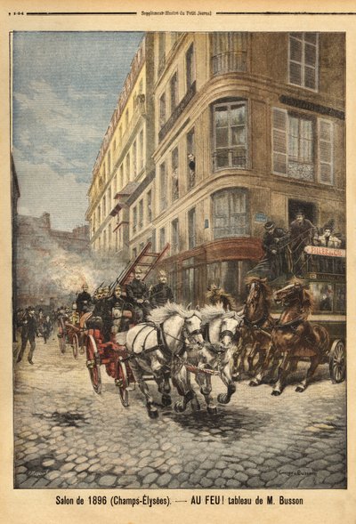 Pompa parowa i pojazdy strażaków w Paryżu, według obrazu pana Bussona. Grawerowanie w „”Le petit journal”” 3/05/1896. Kolekcja Selvy. autorstwa Unknown artist
