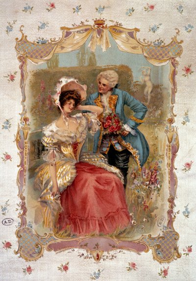 Słodka spowiedź Mężczyzna zabiegający o kobietę w XVIII wieku. Litografia XIX-wiecznego Paryża, Sztuka Dekoracyjna autorstwa Unknown artist