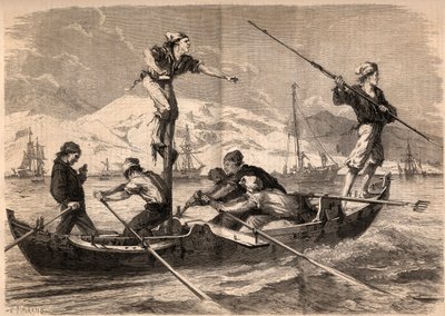 Miecznik łowiący harpunem (pesce spada, miecznik) na wybrzeżu Sycylii we Włoszech w 1862. Rycina w „Le Monde illustrious” z 1862. Ze zbiorów prywatnych. autorstwa Unknown artist