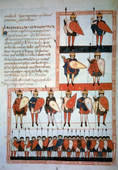 Dziesięciu królów apokalipsy z włóczniami i tarczami wraz ze swoimi oddziałami. Miniatura w „”Beatus de Liebana, Komentarz do Apokalipsy”” (Folio 193), autorstwa Stephanusa Garcii autorstwa Unknown artist
