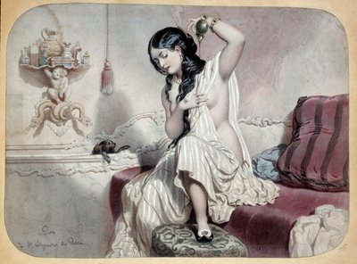 Toaleta. Kobieta w łazience obok wanny zaraz się kąpie. Ilustracja XIX wieku. Paryż, Sztuka Dekoracyjna autorstwa Unknown artist