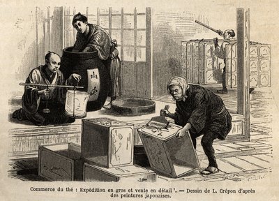 Handel herbatą: wysyłka hurtowa i detaliczna. Rycina ilustrująca podróż do Japonii, autorstwa Aime Humberta, ministra Konfederacji Szwajcarskiej, w latach 1863-1864, opublikowana w „Le tour du monde”” 1869, pod redakcją Edouarda Chartona, wyd. Hachette, Pa autorstwa Unknown artist