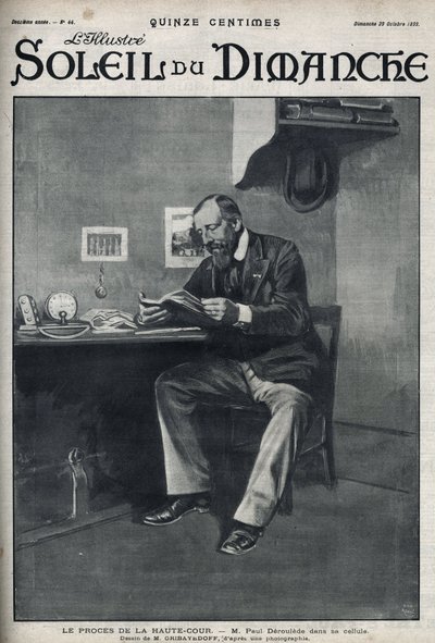 Proces przed Sądem Najwyższym: pan Paul Deroulede (1846-1914), francuski pisarz i działacz nacjonalistyczny, który jest ważnym aktorem antydreyfusyzmu, w swojej celi po próbie zamachu stanu 23 lutego. Grawerowanie w „”Le sun-du-dimanche”, 29 października autorstwa Unknown artist