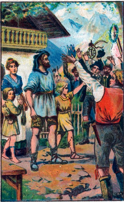 Hołd konfederatów dla Guillaume Tella (William Tell) (legendarnych bohaterów niepodległości Szwajcarii) Chromolitografia z końca XIX wieku. autorstwa Unknown artist