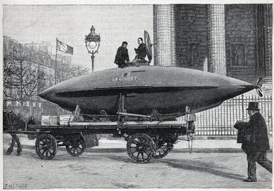 Łódź podwodna (okręt podwodny) „Le Goubet”, przewozi do eksperymentów, mija Place de la Madeleine w Paryżu. Grawerowanie w „”La Nature”” autorstwa Unknown artist