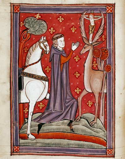 Wizja św. Eustatiusa Święty Eustachius w obliczu jelenia niosącego wizerunek Chrystusa krzyżuje się między jego lasami. Miniatura z XIII-wiecznego rękopisu. Biblioteca Marciana, Wenecja autorstwa Unknown artist
