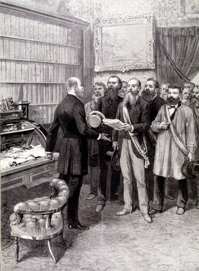 Wizyta delegatów robotniczych w Palais Bourbon (Jules Guesde, pan Ferroul, pan Baudin i pan Thivrier) u sekretarza generalnego prezydencji: pana Martina, podczas demonstracji 1 maja autorstwa Unknown artist