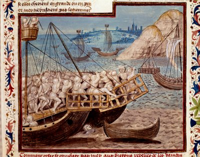 Wojna Galów: „Spuszczenie wojsk Julesa Cezara i zwycięstwo nad Bretonami” Miniatura zaczerpnięta z „Faktów Rzymian” (lub Li Fet Rzymian), zestawiona z Saluste oraz Suetoine i Lucan. 1480 (ms. 1055, k. 54 autorstwa Unknown artist