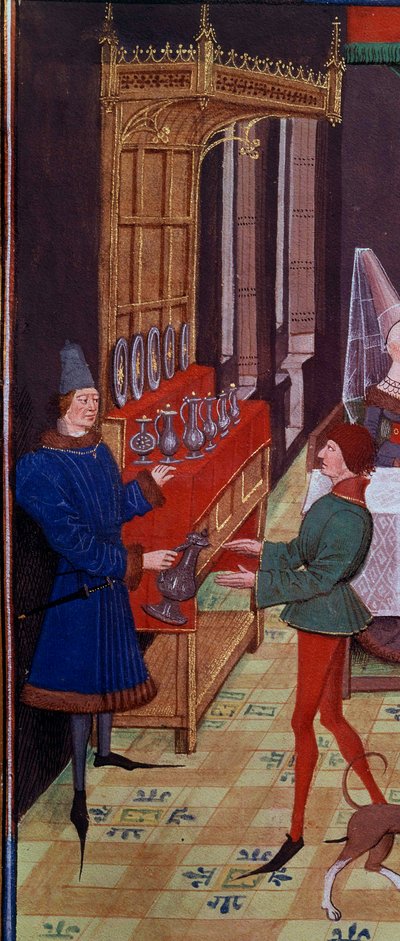 Bankiet weselny Clarisse, córki króla Yvon z Gaskonii i Renauda Detala reprezentującego służbę przynoszącą wino. Miniatura z rękopisu „Renaud de Montauban” lub „Les quatre fils Aymon” Loyseta Liedeta (czynny w latach 1448-1478). SM. autorstwa Unknown artist
