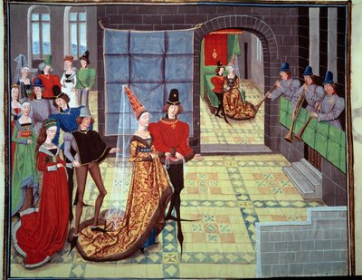 Ślub Renauda i Clarisse w tle w noc poślubną. Miniatura z rękopisu „Renaud de Montauban” lub „Les quatre fils Aymon” Loyseta Liedeta (czynny w latach 1448-1478). Ms. 5073. XV-wieczna Bibliotheque de l