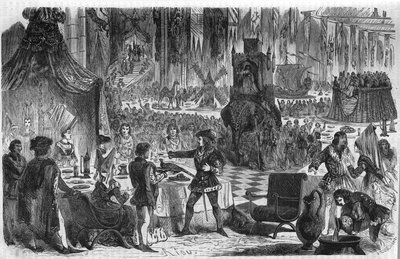 Życzenie bażanta. Filip III Le Bon, książę Burgundii (1396-1467) dołączył do cesarza Konstantynopola 17 lutego 1454 na bankiecie w hotelu Salle de Lille. Rycina XIX wieku. autorstwa Unknown artist