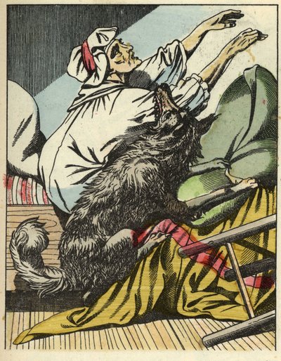 Wilk pokonuje babcię Czerwonego Kapturka. Ilustracja do bajki „Czerwony Kapturek” Charlesa Perrault autorstwa Unknown artist