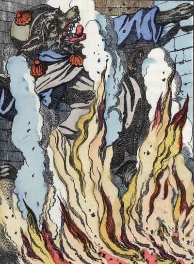 Wilk wpada w ogień komina. Ilustracja do baśni „Compere le Loup, Maitre Renard, Comere la Chevre et ses petits biquets”” według bajki Jeana de la Fontaine. W „Opowieściach z domu dla najmłodszych””. Anonimowy grawer autorstwa Unknown artist