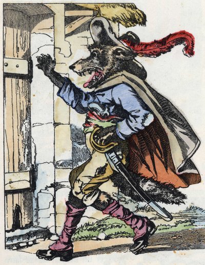Wilk puka do drzwi bikietowego domu. Ilustracja do baśni „Compere le Loup, Maitre Renard, Comere la Chevre et ses petits biquets”” według bajki Jeana de la Fontaine. W „Opowieściach z domu dla najmłodszych””. Anonimowy grawer autorstwa Unknown artist