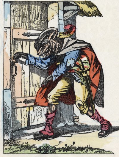 Wilk puka do drzwi bikietowego domu. Ilustracja do baśni „Compere le Loup, Maitre Renard, Comere la Chevre et ses petits biquets”” według bajki Jeana de la Fontaine. W „Opowieściach z domu dla najmłodszych””. Anonimowy grawer autorstwa Unknown artist