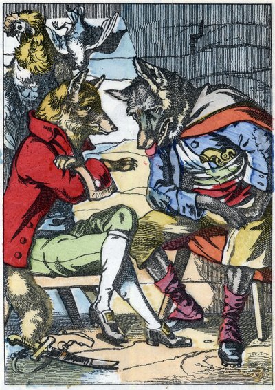 Wilk ponownie spotyka lisa. Ilustracja do baśni „Compere le Loup, Maitre Renard, Comere la Chevre et ses petits biquets”” według bajki Jeana de la Fontaine. W „Opowieściach z domu dla najmłodszych””. Anonimowy rycina z XIX wieku. autorstwa Unknown artist