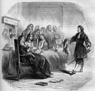 Pisarz Georges de Scudery (1598-1667) podczas salonu literackiego zorganizowanego przez jego siostrę Madeleine de Scudery w 1650 r. Rycina z lat 1860-1861. autorstwa Unknown artist