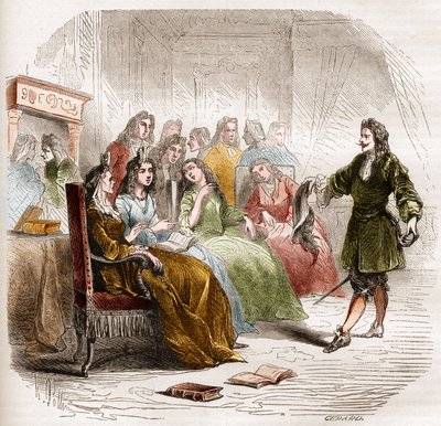 Pisarz Georges de Scudery (1598-1667) podczas salonu literackiego zorganizowanego przez jego siostrę Madeleine de Scudery w 1650 r. Rycina z lat 1860-1861. autorstwa Unknown artist